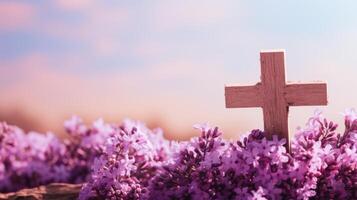 ai generado tranquilo Pascua de Resurrección escena con de madera cruzar y púrpura flores foto