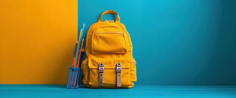 ai generado un colegio mochila lleno con colegio relacionado materiales foto