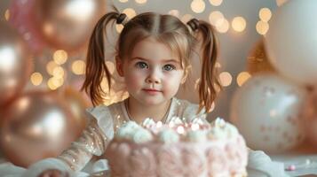 AI generated a 5-year-old girl with two pigtails sits near a large pink cake with 5 candles photo