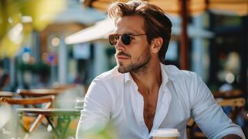 AI generated Elegant man discussing ideas over coffee, merging style with outdoor collaboration photo