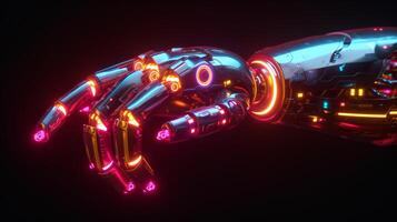 AI generated A neon-lit robotic hand, a symbol of innovation and precision engineering photo