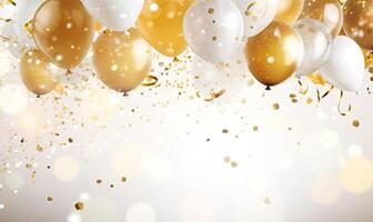 AI generated gold white transparent balloon confetti background for graduation birthday happy new year opening sale photo