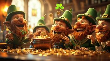 AI generated A group of cheerful leprechauns are sitting at a bar. One of them tosses a gold coin with a clover leaf drawn on it photo