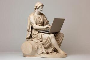 AI generated Ancient Marble sculpture statue of a Greek goddess with laptop photo