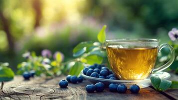 AI generated a cup of green tea next to blueberry on a wooden table. blurred background of summer garden from behind photo