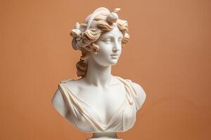 AI generated Antique Marble sculpture statue bust of an ancient Greek goddess on pastel background, copy space photo