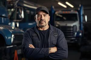 AI generated truck repair shop owner in uniform in the garage, truck on background photo