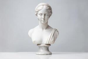 AI generated Antique Marble sculpture statue bust of an ancient Greek goddess on pastel background, copy space photo