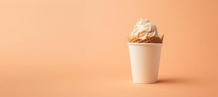 ai generado hielo crema en papel taza en beige antecedentes foto