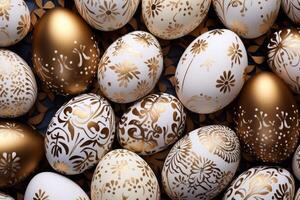 AI generated Easter eggs background. Each egg is uniquely decorated with different patterns and colors photo