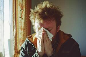 ai generado enfermo hombre quien tiene el gripe golpes su nariz dentro un tejido, estornudos dentro un servilleta foto