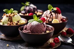 AI generated gourmet flavours of Italian ice cream in vibrant colors served in individual porcelain cups on an old rustic wooden table top view photo