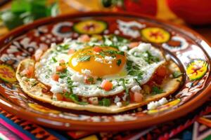 ai generado mexicano huevos rancheros huevo Tostada, revuelto huevos, salsa, tacos, tortillas, verduras, perejil foto