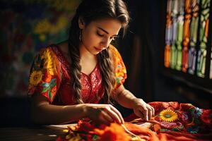 AI generated young Mexican woman in bright national clothes make Mexican embroidery photo