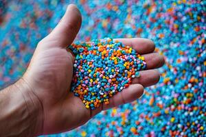 AI generated hand holding Dyed synthetic polymer resins granulates. Recycled plastic granules photo