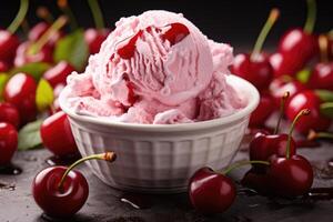 AI generated Delicious refreshing creamy Italian cherry ice-cream for a summer dessert or takeaway, close up full frame background texture photo
