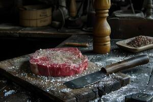 AI generated Raw rib eye steak of beef on wooden Board with seasonings and rosemary prepared for grill photo