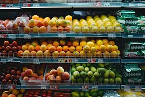 AI generated refrigerated shelf in supermarket with Fruits and vegetables photo