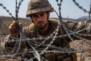 AI generated A Texas National Guard soldstrung barbed wire along the border with Mexico photo