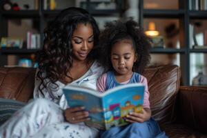 AI generated mother reading book to her daughter on the sofa in the living room photo