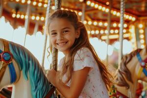 AI generated little girl expressing excitement on colorful carousel, merry go round, having fun at amusement park photo