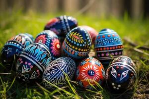 AI generated Easter eggs lying in the grass. Each egg is decorated with different patterns and colors photo