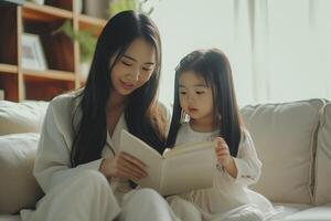 ai generado madre leyendo libro a su hija en el sofá en el vivo habitación foto