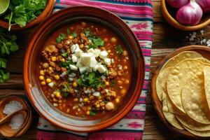 AI generated Mexican red pozole rojo soup with pork and vegetables photo