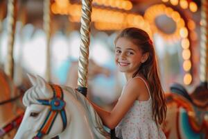 AI generated little girl expressing excitement on colorful carousel, merry go round, having fun at amusement park photo