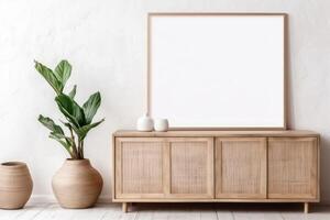 AI generated wooden cabinet near light wall with blank mockup frame. Boho interior design photo