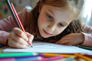 AI generated little girl draws with colored pencils expressing creativity through art photo