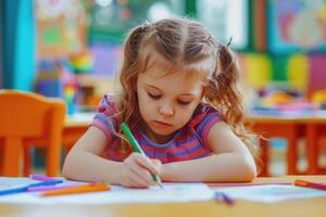 AI generated little girl draws with colored pencils expressing creativity through art photo