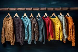 AI generated cute children's warm knitted sweaters hang on hangers photo