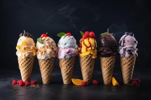 AI generated Various of ice cream flavor in cones blueberry, pistachio, almond, orange and cherry photo