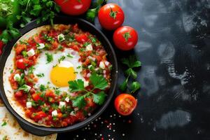 AI generated Mexican Huevos rancheros Egg Tostada, scrambled eggs, salsa, taco, tortillas, vegetables, parsley photo