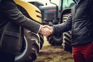 ai generado apretón de manos Entre empresario y agricultor, compra vender tractor granja maquinaria equipo foto