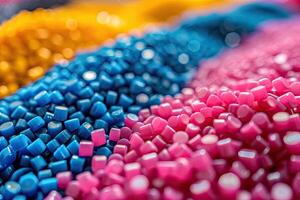 AI generated Dyed synthetic polymer resins granulates. Recycled plastic granules with mixed colors photo