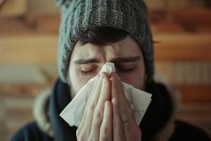 AI generated sick man who has the flu blows her nose into a tissue, sneezes into a napkin photo