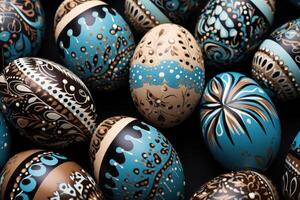 AI generated Easter eggs background. Each egg is uniquely decorated with different patterns and colors photo