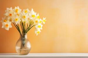 AI generated Blossom daffodils in glass vase near light blue studio wall, space for text photo