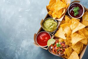 AI generated Corn chips, Mexican nachos with various sauces, space for text photo