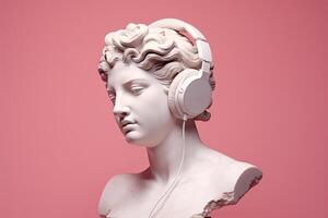 AI generated Antique Marble sculpture statue bust of an ancient Greek goddess in headphones photo