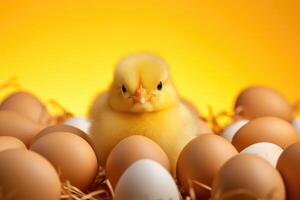 AI generated eggs and chick background. Spring, Easter, new life, birth card, banner photo