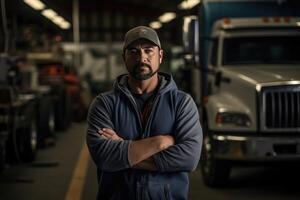 AI generated truck repair shop owner in uniform in the garage, truck on background photo