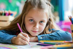 ai generado pequeño niña sorteos con de colores lapices expresando creatividad mediante Arte foto