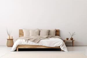 AI generated wooden bed against white wall. Scandinavian loft modern bedroom interior design photo