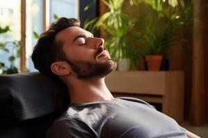 AI generated A person engaging in a relaxation technique, such as progressive muscle relaxation photo