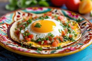 ai generado mexicano huevos rancheros huevo Tostada, revuelto huevos, salsa, tacos, tortillas, verduras, perejil foto