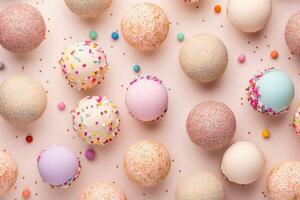 AI generated Colorful Ice creams balls on beige background, multi-colored round candies in sprinkles and jimmies, top view wallpaper photo