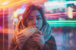 ai generado joven mujer comiendo mexicano burrito foto